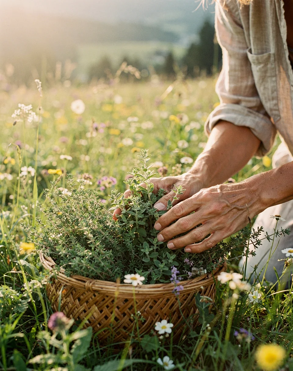 Cueillette de plantes aromatiques dans un pré du Jura
