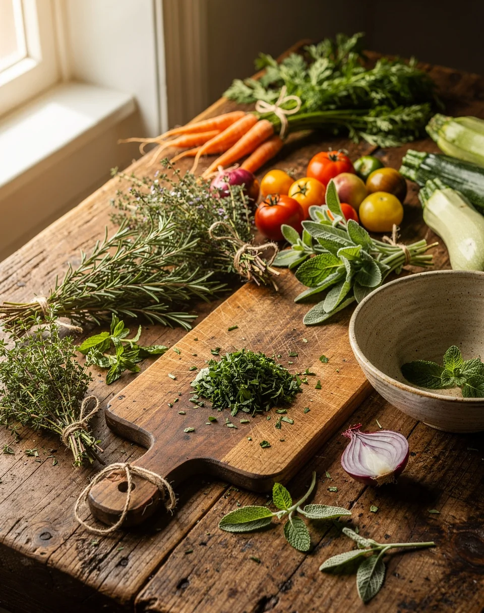 Plan de travail avec herbes aromatiques fraîches