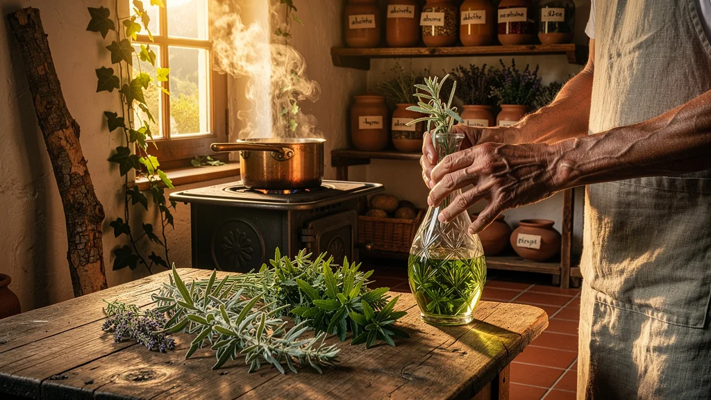 Absinthe du Jura fraîche sur table rustique en cuisine traditionnelle, préparation pour cuisson et infusion