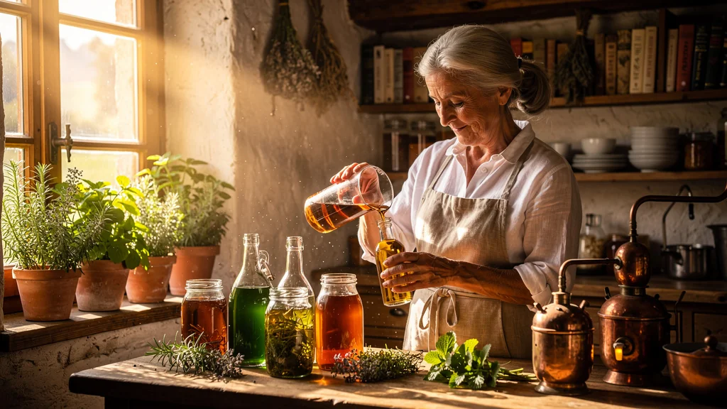 Liqueurs maison au génépi et mélisse préparées artisanalement dans une cuisine rustique en lumière dorée