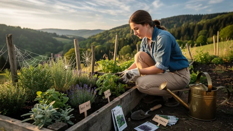 Jardin d'aromatiques dans le Jura en fin d'été avec plantes, outils et récolte en cours