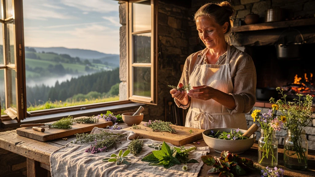 Cuisine rustique avec herbes sauvages du Jura dans un gîte au cœur d'un herbier jurassien
