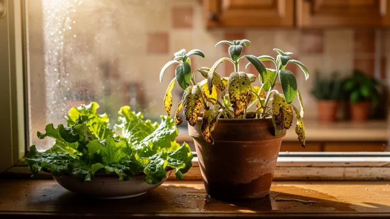 Sauge flétrie sur rebord de fenêtre après excès d’arrosage, salade fraîche à côté en lumière naturelle