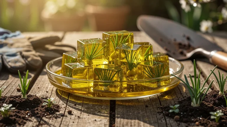 Ciboulette congelée dans des glaçons d'huile d'olive sur une table de jardin rustique au printemps