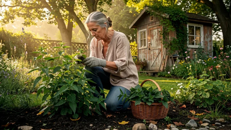 Femme cueillant des orties dans son jardin, symbole de réconciliation avec cette « mauvaise herbe »