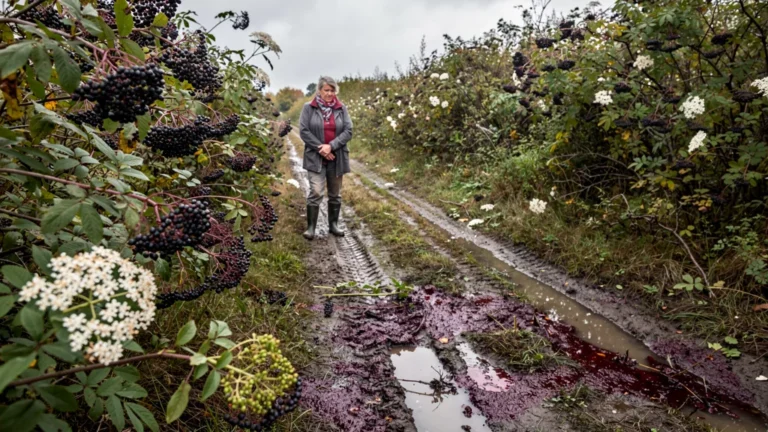 Récolte de sureau gâchée près d’un chemin rural avec baies écrasées et buissons endommagés