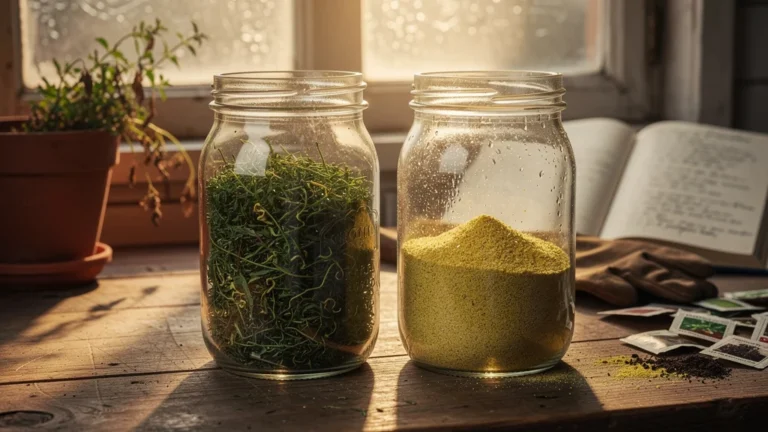 Deux bocaux d'herbes sans étiquettes confondus durant tout l'hiver sur un plan de travail rustique
