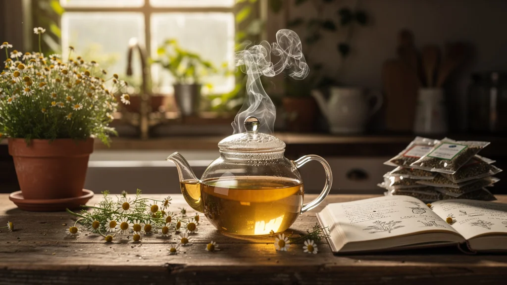 Infusion maison de camomille du jardin infusée dix minutes, surpassant les sachets en fraîcheur et qualité