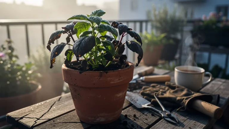 Basilic noirci après une nuit fraîche à l'extérieur dans un pot en terre cuite sur balcon