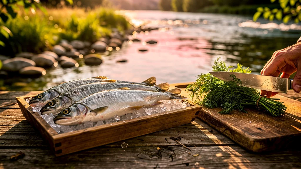 Poisson de rivière jurassien frais et aneth vibrant sur table rustique en lumière dorée