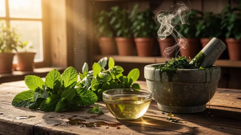 Cuisine en gros plan de menthe poivrée et menthe verte fraîche fraîchement écrasées sur un plan de travail en bois