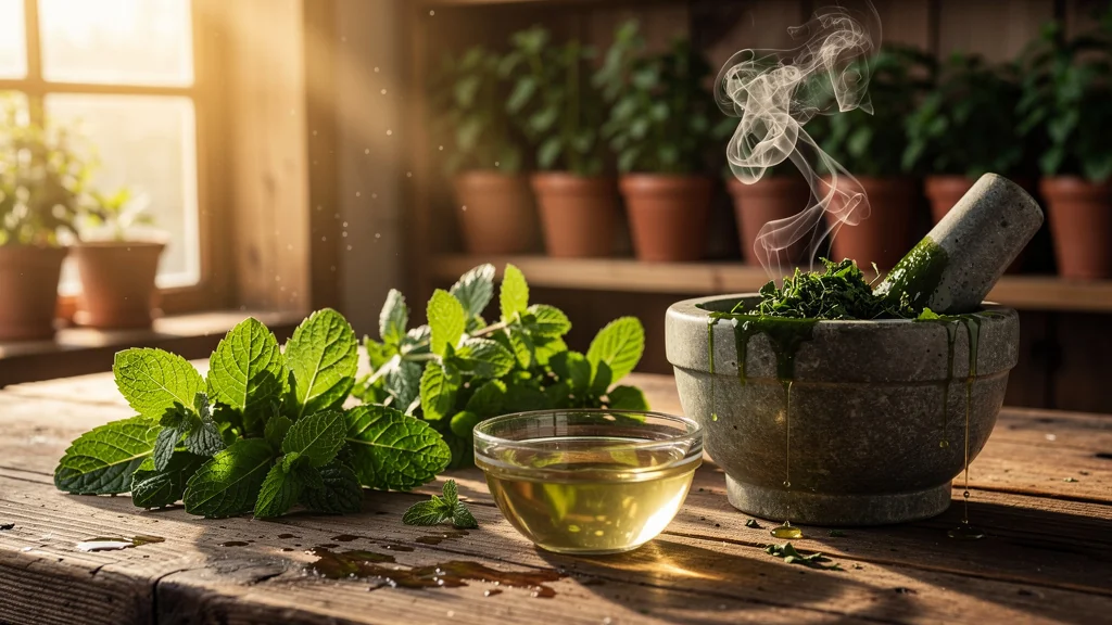 Cuisine en gros plan de menthe poivrée et menthe verte fraîche fraîchement écrasées sur un plan de travail en bois
