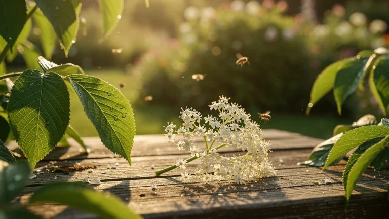 La première fleur de sureau posée sur une table en bois dans un jardin ensoleillé de juin