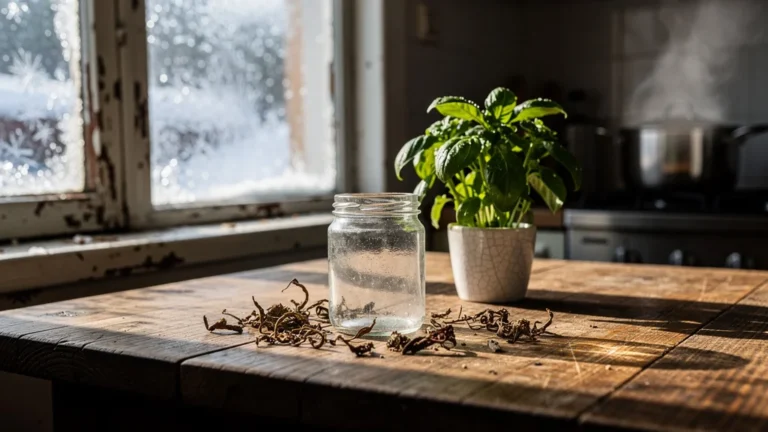 Cuisine rustique en hiver avec basilic séché abandonné et basilic frais vibrant en pot
