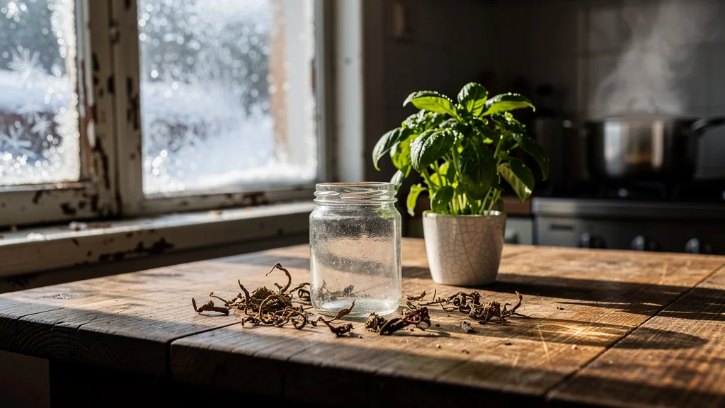 Cuisine rustique en hiver avec basilic séché abandonné et basilic frais vibrant en pot