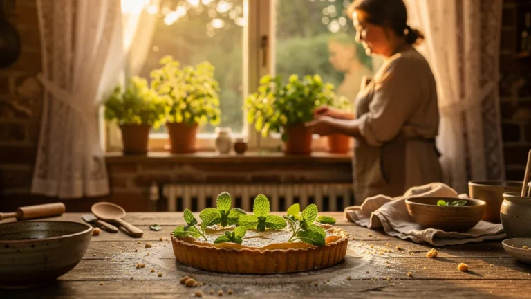 Dessert sauvé par la mélisse fraîche dans une cuisine rustique au coucher du soleil