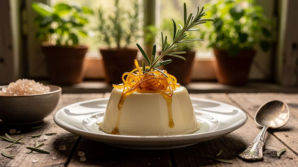 Dessert raffiné au romarin frais, sublimant les saveurs sucrées avec élégance et naturalité