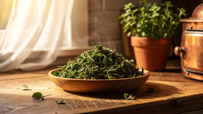 Bol d’origan séché au four conservant son parfum intense tout l’hiver dans une cuisine rustique