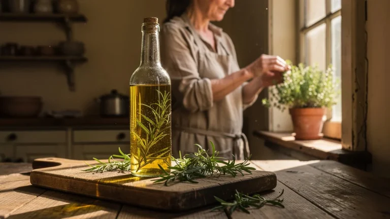 Bouteille de vinaigre à l'estragon maison infusé trois semaines sur plan de travail en bois rustique