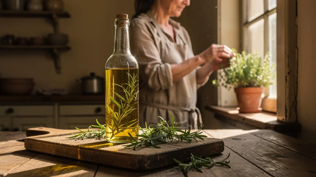 Bouteille de vinaigre à l'estragon maison infusé trois semaines sur plan de travail en bois rustique