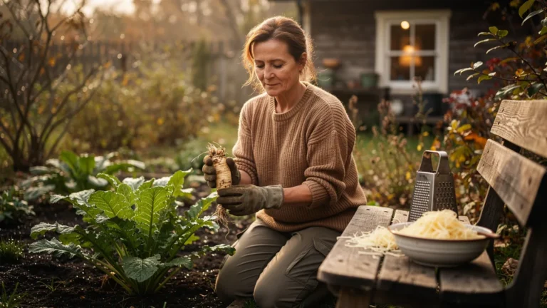Femme râpant du raifort frais du jardin, transformant ses plats d’hiver avec un geste artisanal