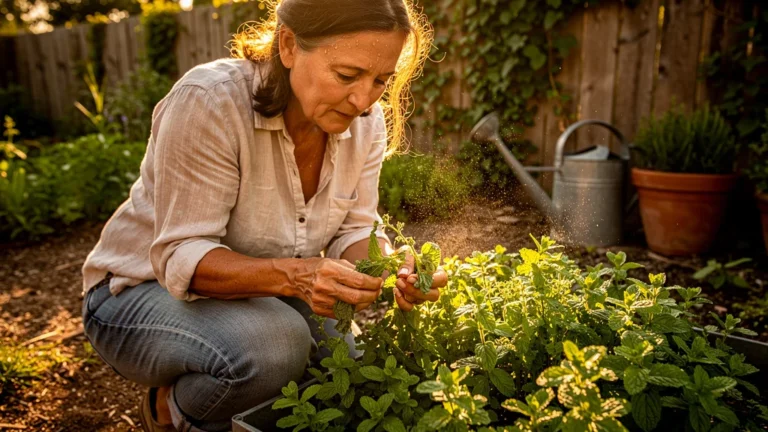 Femme cueillant de la menthe flétrie en pleine chaleur, perte de parfum en jardin ensoleillé
