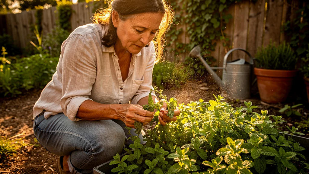 Femme cueillant de la menthe flétrie en pleine chaleur, perte de parfum en jardin ensoleillé