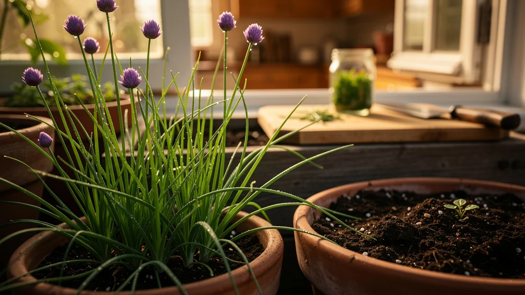 Ciboulette fraîche brillante dans un jardin potager en fin d'après-midi, symbole de fraîcheur inégalée