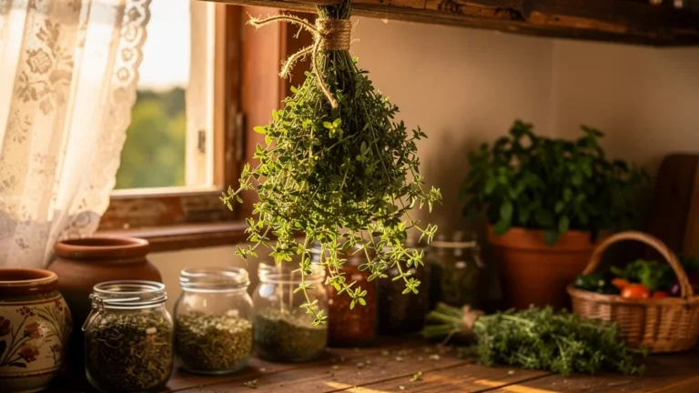 Marjolaine séchée en bouquet renversé dans une cuisine rustique, meilleure tenue qu'au déshydrateur