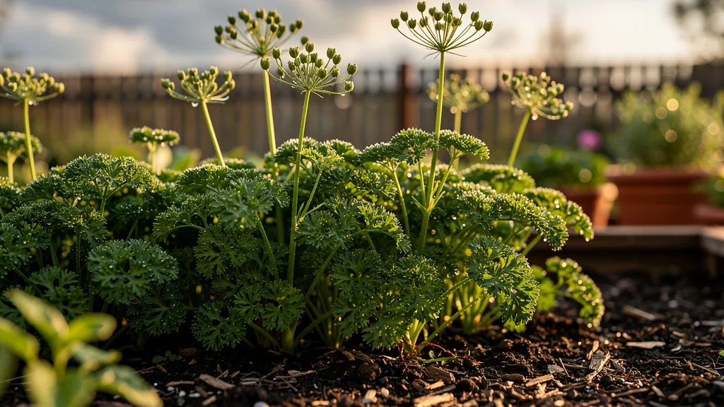 Parsley densely sown bolting early en graines avant l'été dans un jardin potager naturel