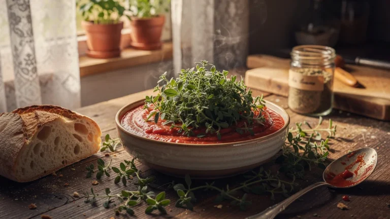 Bol de sauce rouge envahi par trop d'origan frais sur une table rustique en lumière naturelle