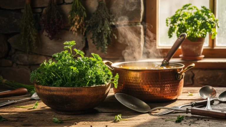 Tiges de persil fraîches pour parfumer un bouillon maison dans une cuisine rustique chaleureuse