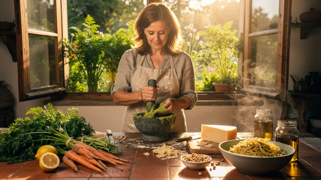 Femme préparant un pesto de fanes de carottes dans une cuisine rustique ensoleillée, cuisine durable et créative