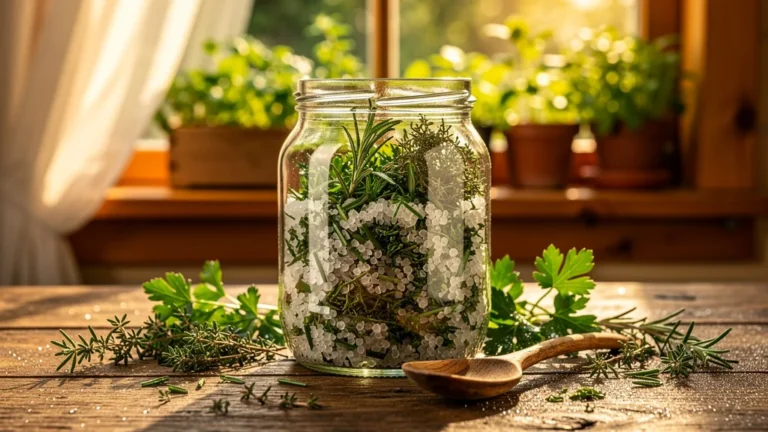 Sel aux herbes du potager naturel remplaçant les cubes de bouillon sur une table de cuisine rustique