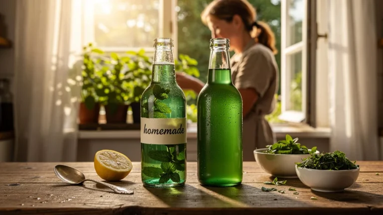 Bouteilles de sirop de menthe maison et commerce en test à l'aveugle dans une cuisine lumineuse
